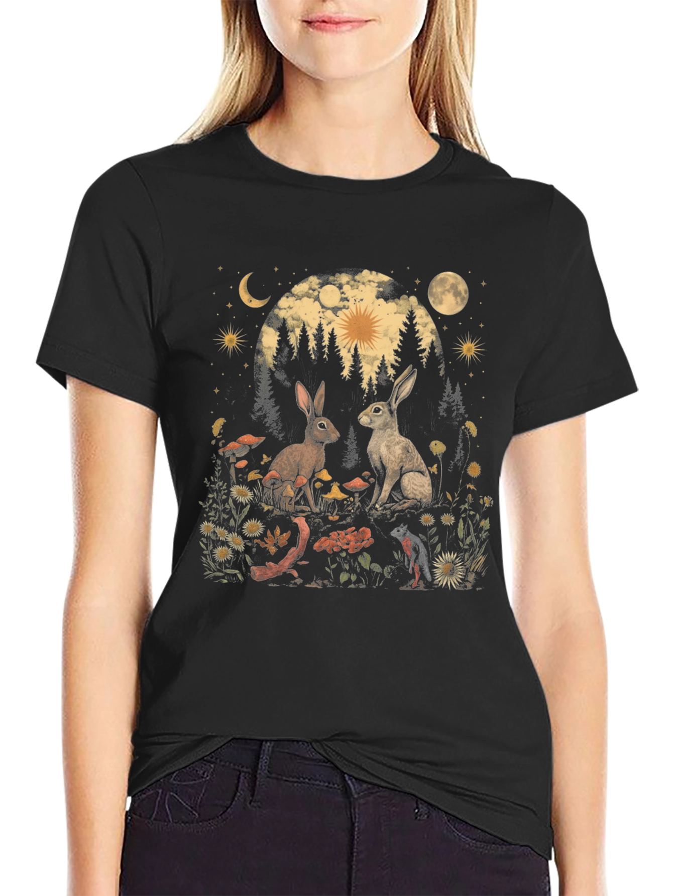 Mystical Rabbit T-Shirt: Forest Scene Graphic Tee