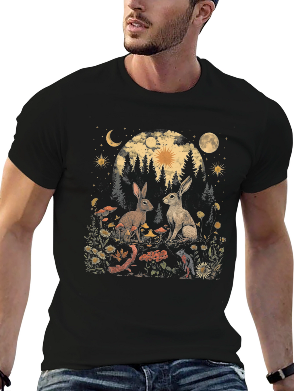 Mystical Rabbit T-Shirt: Forest Scene Graphic Tee