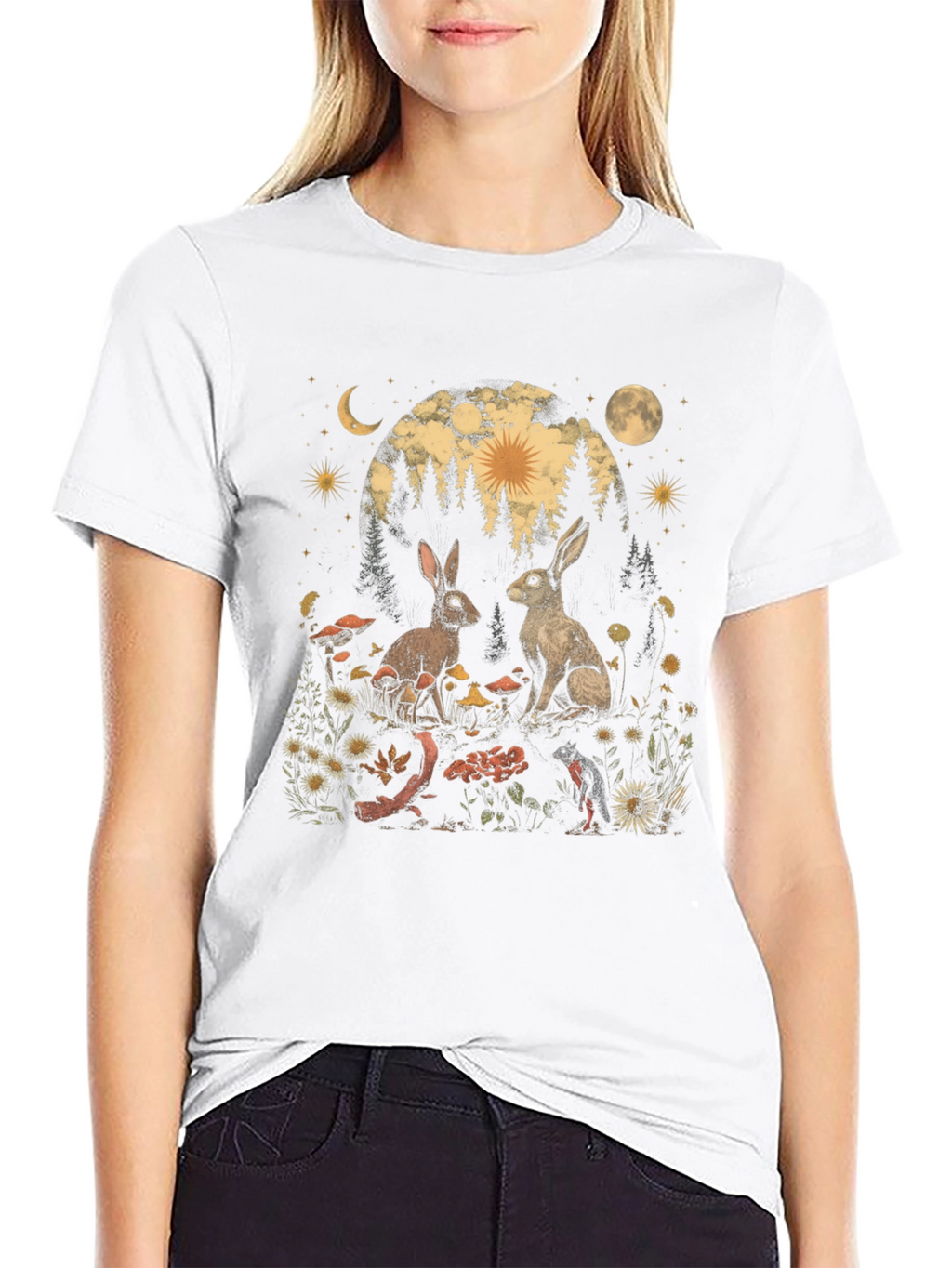 Mystical Rabbit T-Shirt: Forest Scene Graphic Tee