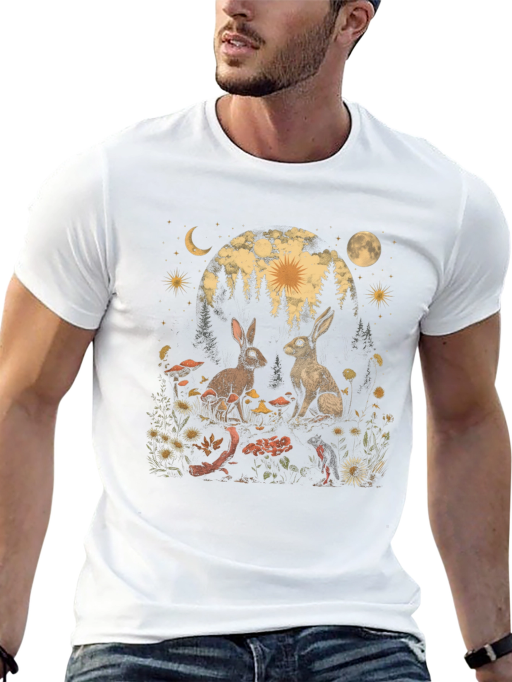 Mystical Rabbit T-Shirt: Forest Scene Graphic Tee