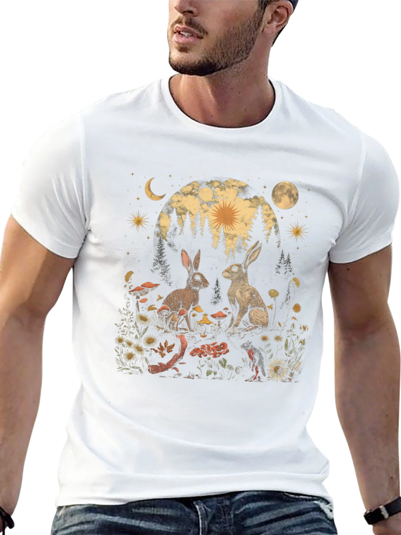 Mystical Rabbit T-Shirt: Forest Scene Graphic Tee