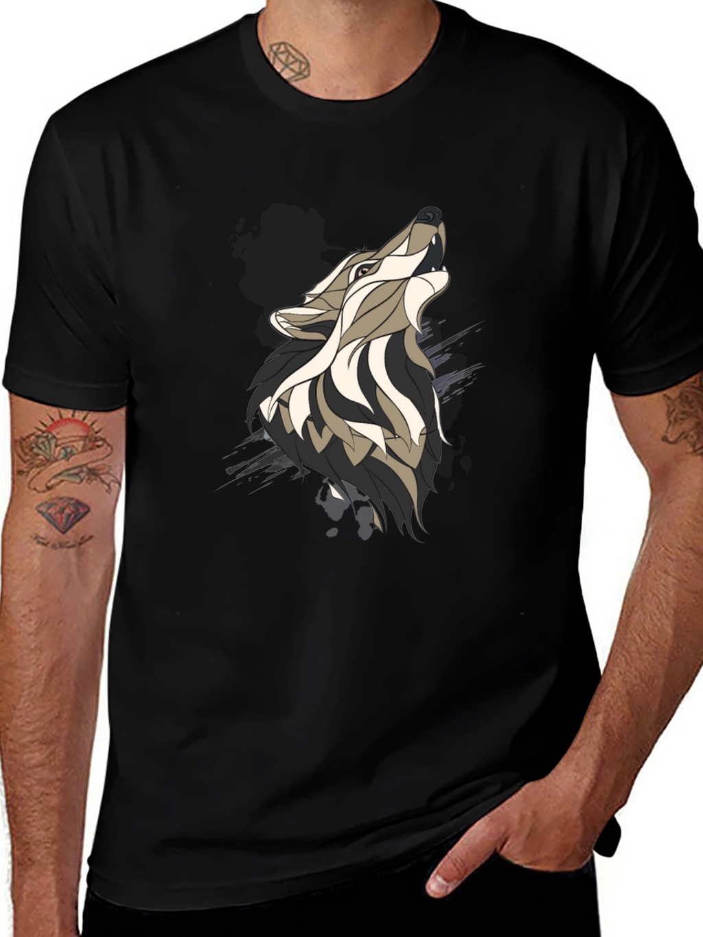 Wolf Graphic Print Mens Black T-Shirt