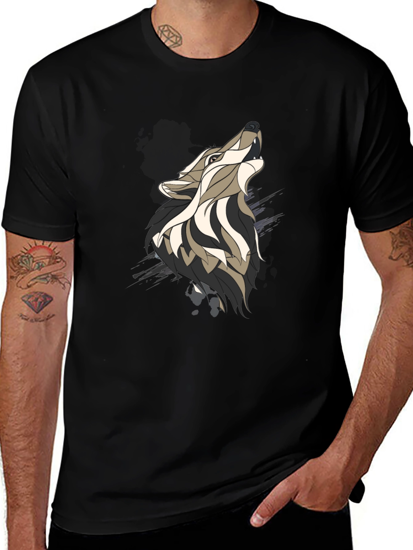 Wolf Graphic Print Mens Black T-Shirt
