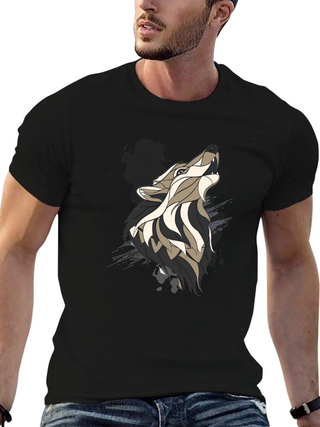Wolf Graphic Print Mens Black T-Shirt