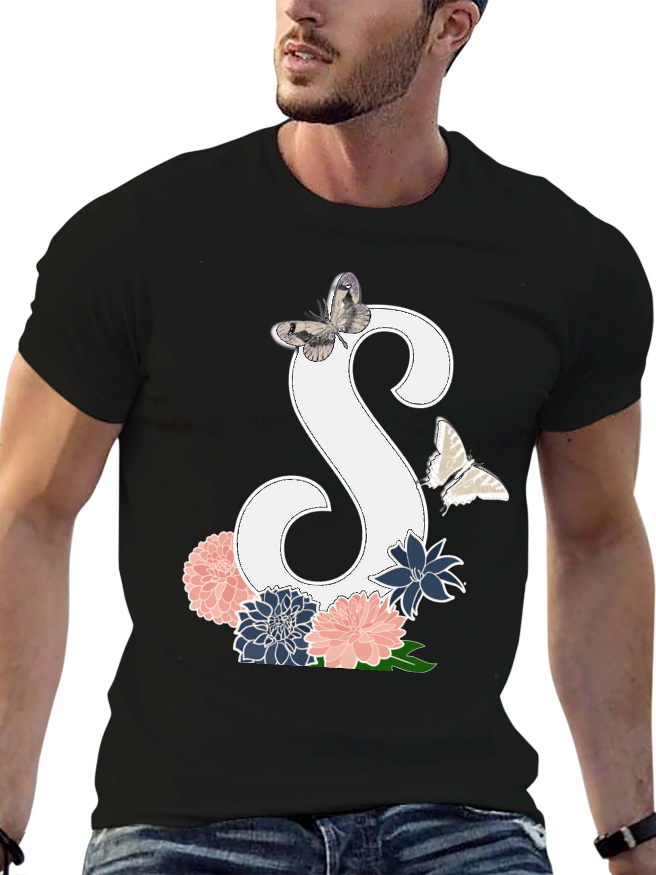 Floral Initial S Butterfly Black Graphic Tee