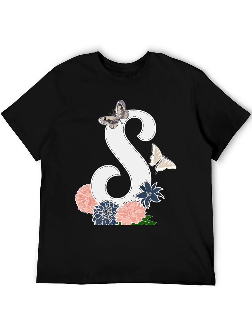 Floral Initial S Butterfly Black Graphic Tee