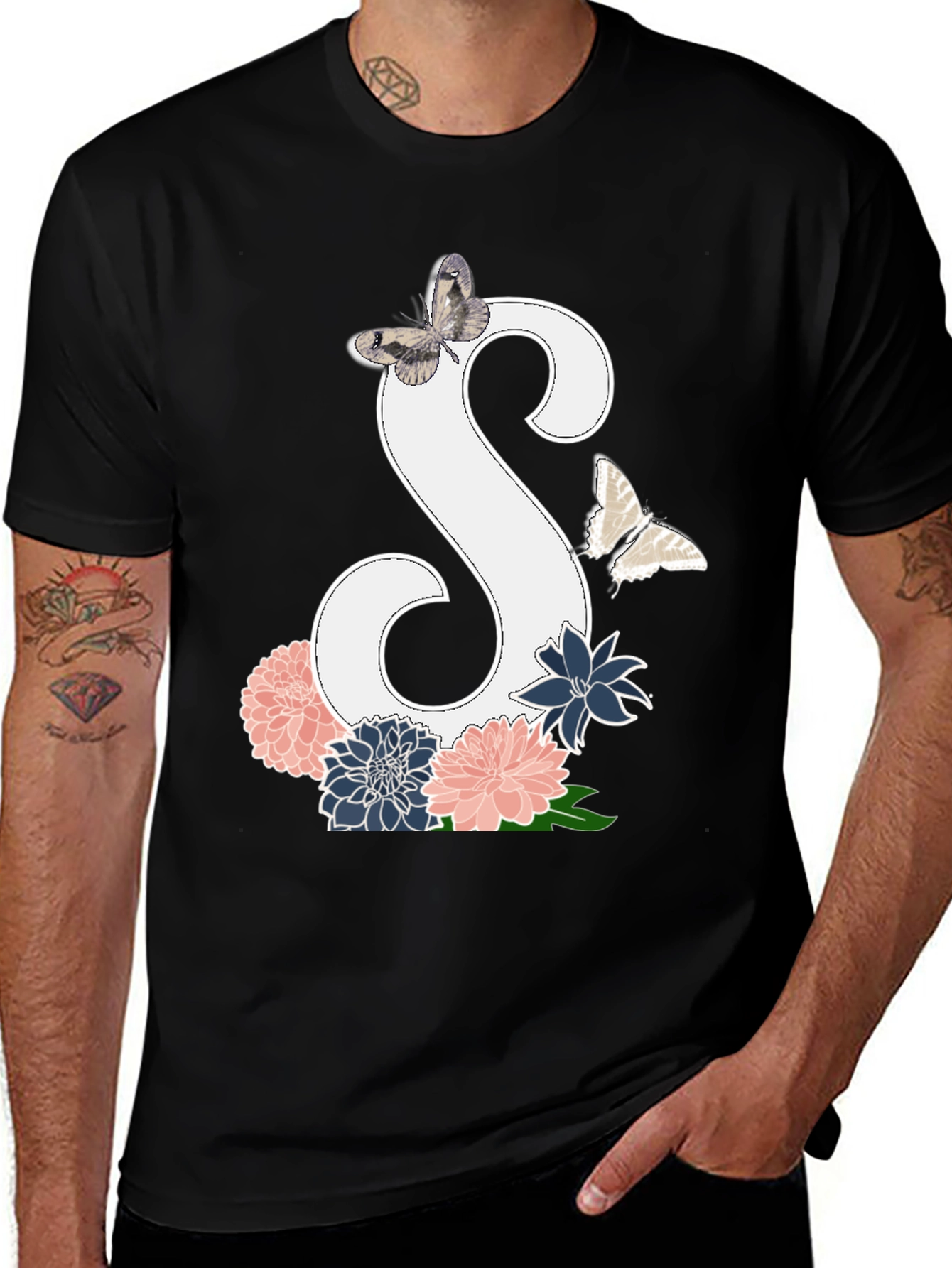 Floral Initial S Butterfly Black Graphic Tee