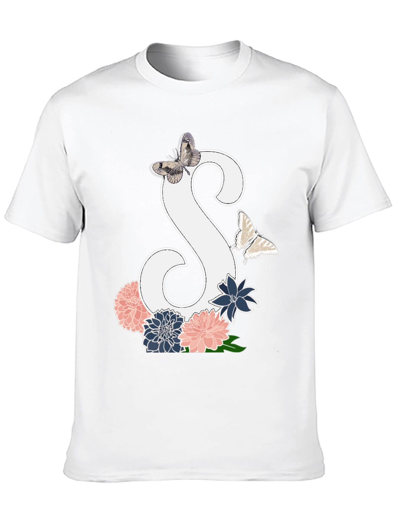 Floral Initial S Butterfly Black Graphic Tee