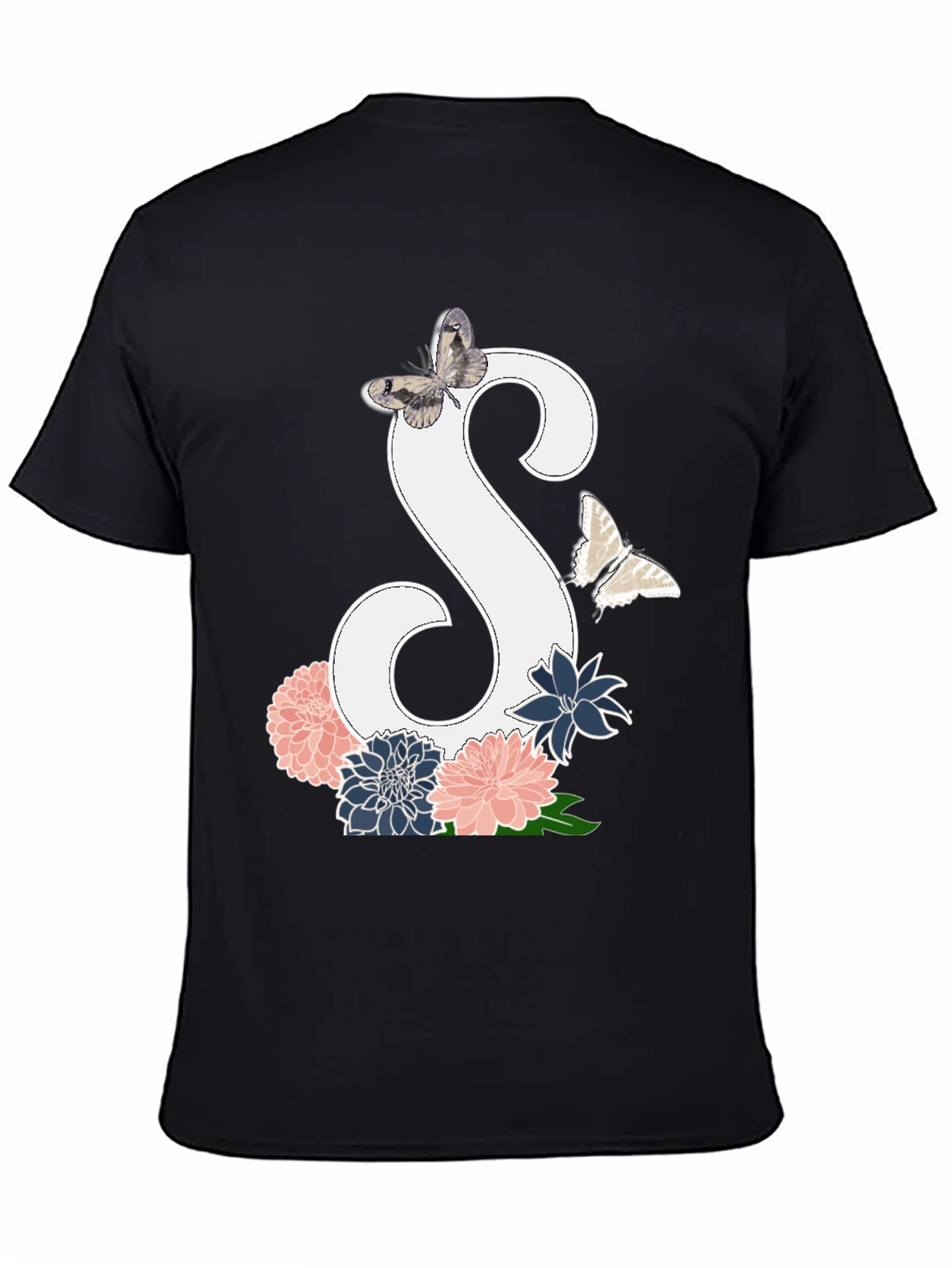 Floral Initial S Butterfly Black Graphic Tee