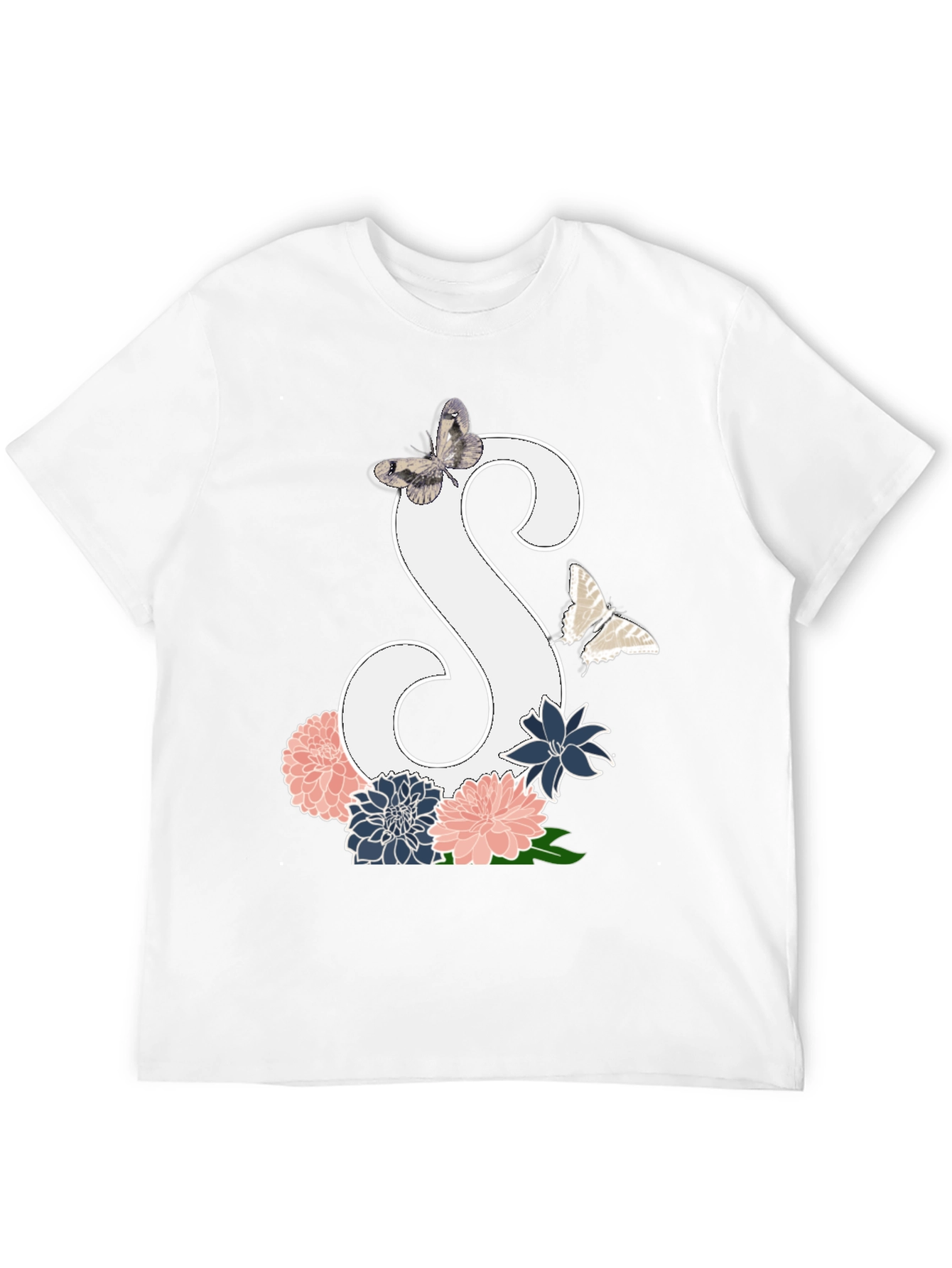 Floral Initial S Butterfly Black Graphic Tee