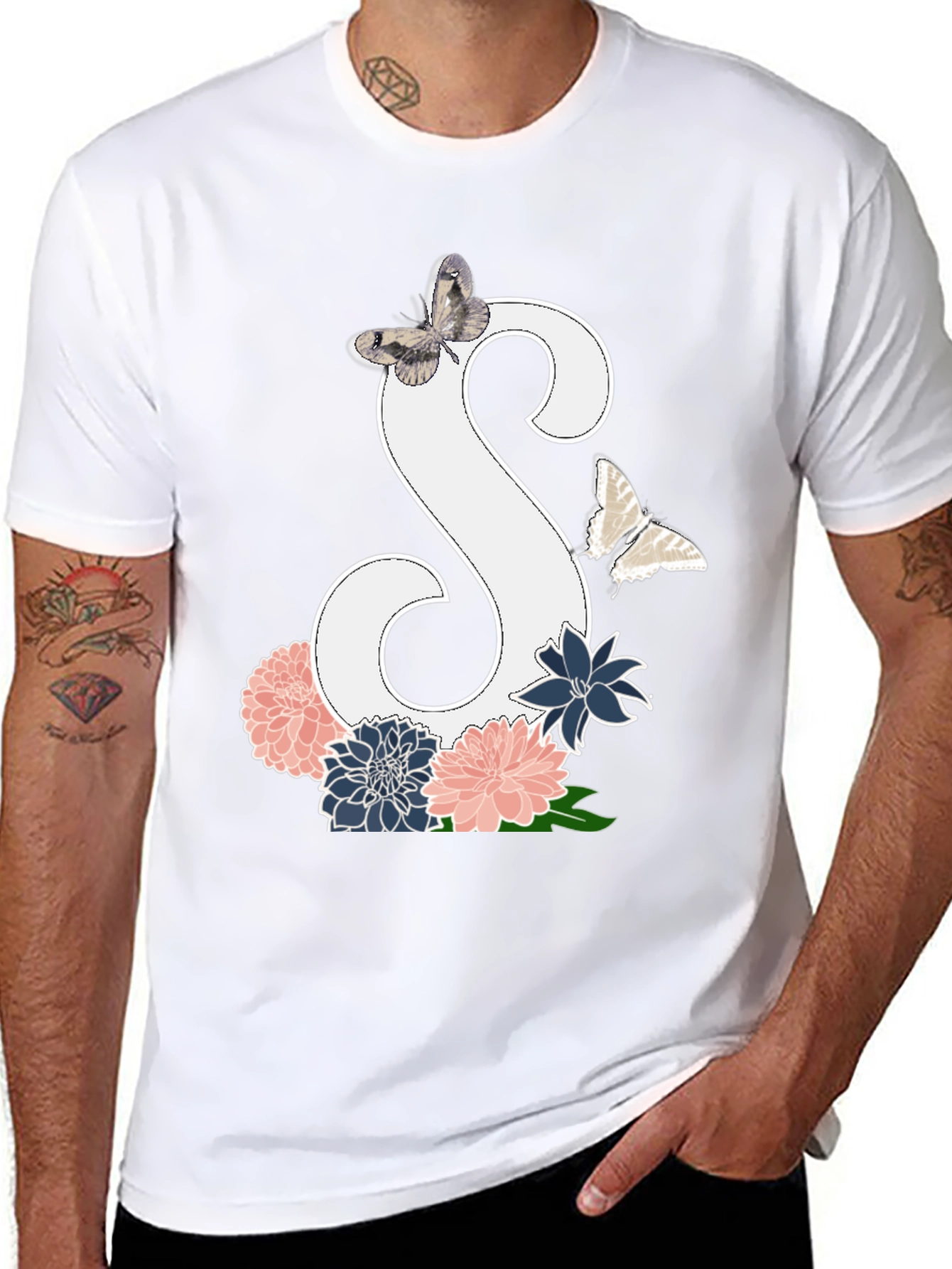 Floral Initial S Butterfly Black Graphic Tee