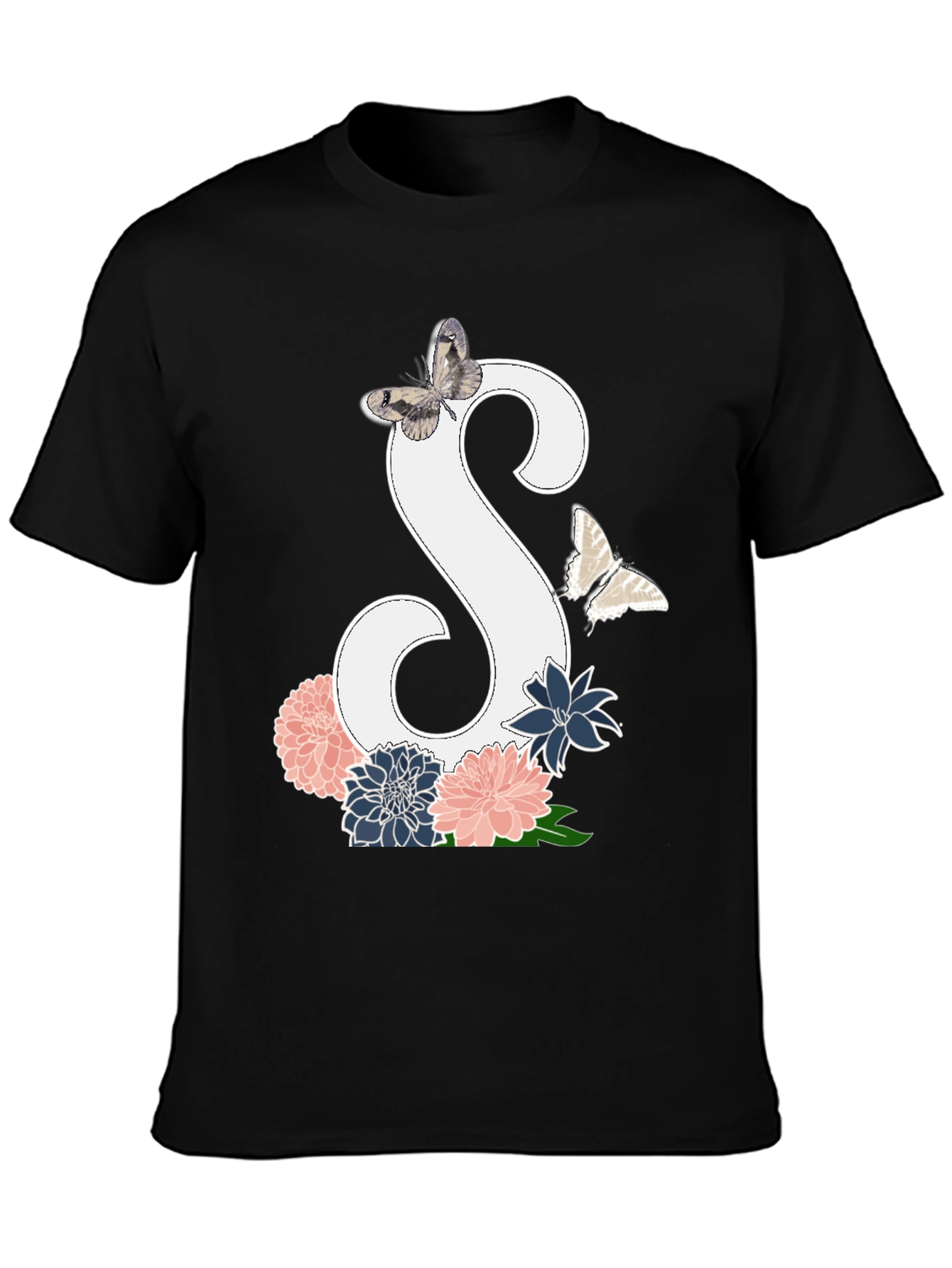 Floral Initial S Butterfly Black Graphic Tee