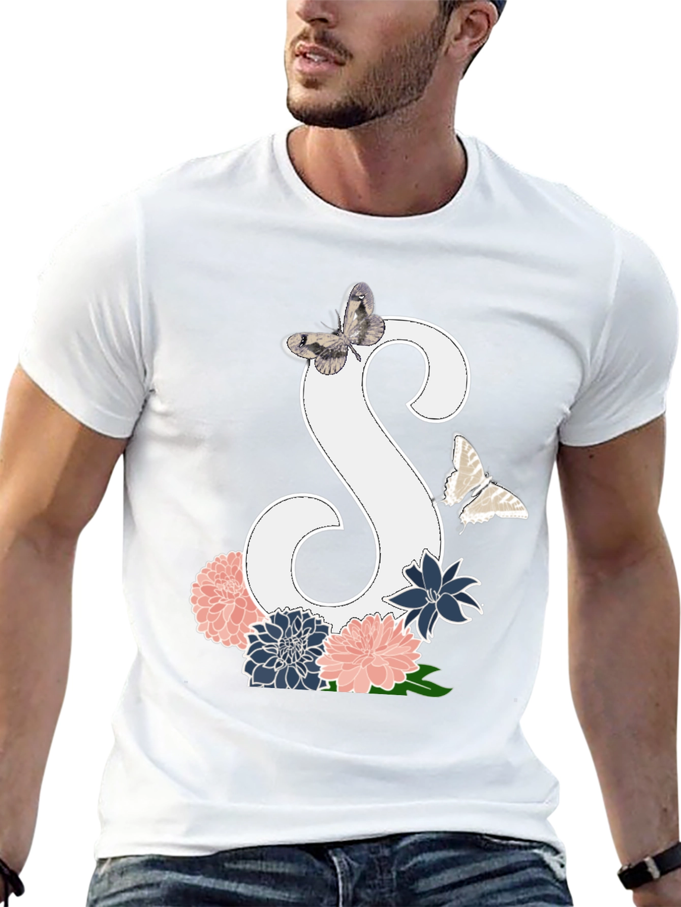 Floral Initial S Butterfly Black Graphic Tee