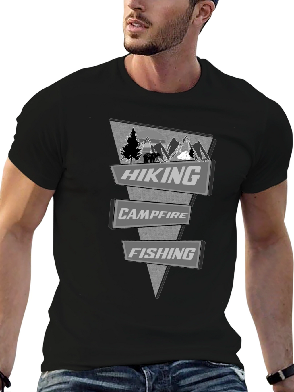 Outdoor Adventure T-Shirt: Hiking Campfire Fishing Design