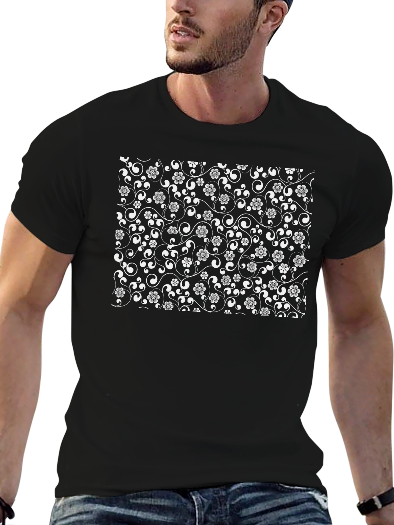 Black Floral Pattern T-Shirt
