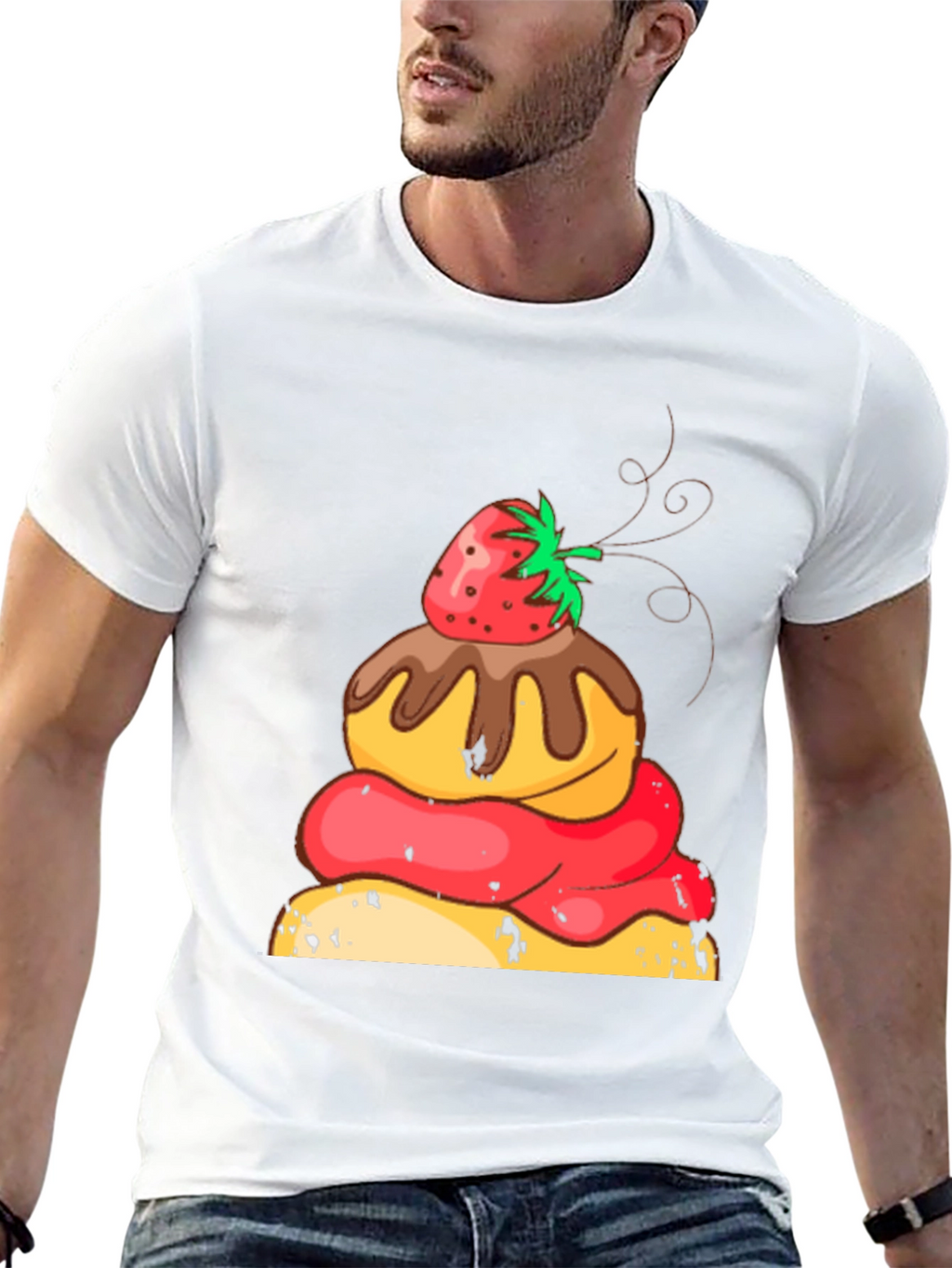 Strawberry Dessert Graphic Tee - Black Cotton Casual Shirt