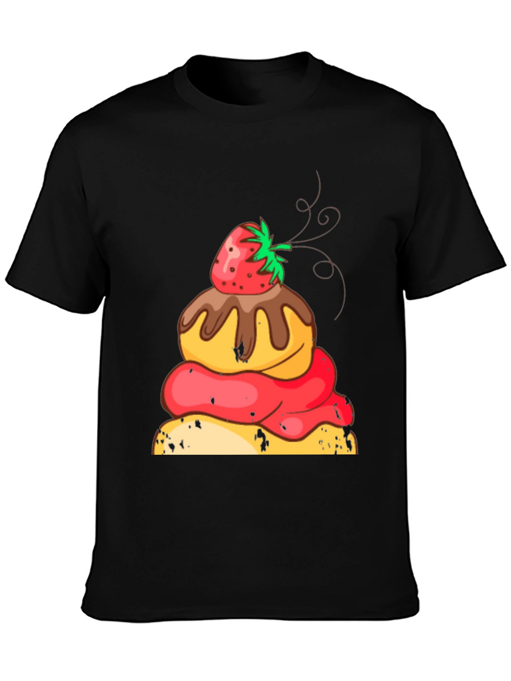 Strawberry Dessert Graphic Tee - Black Cotton Casual Shirt