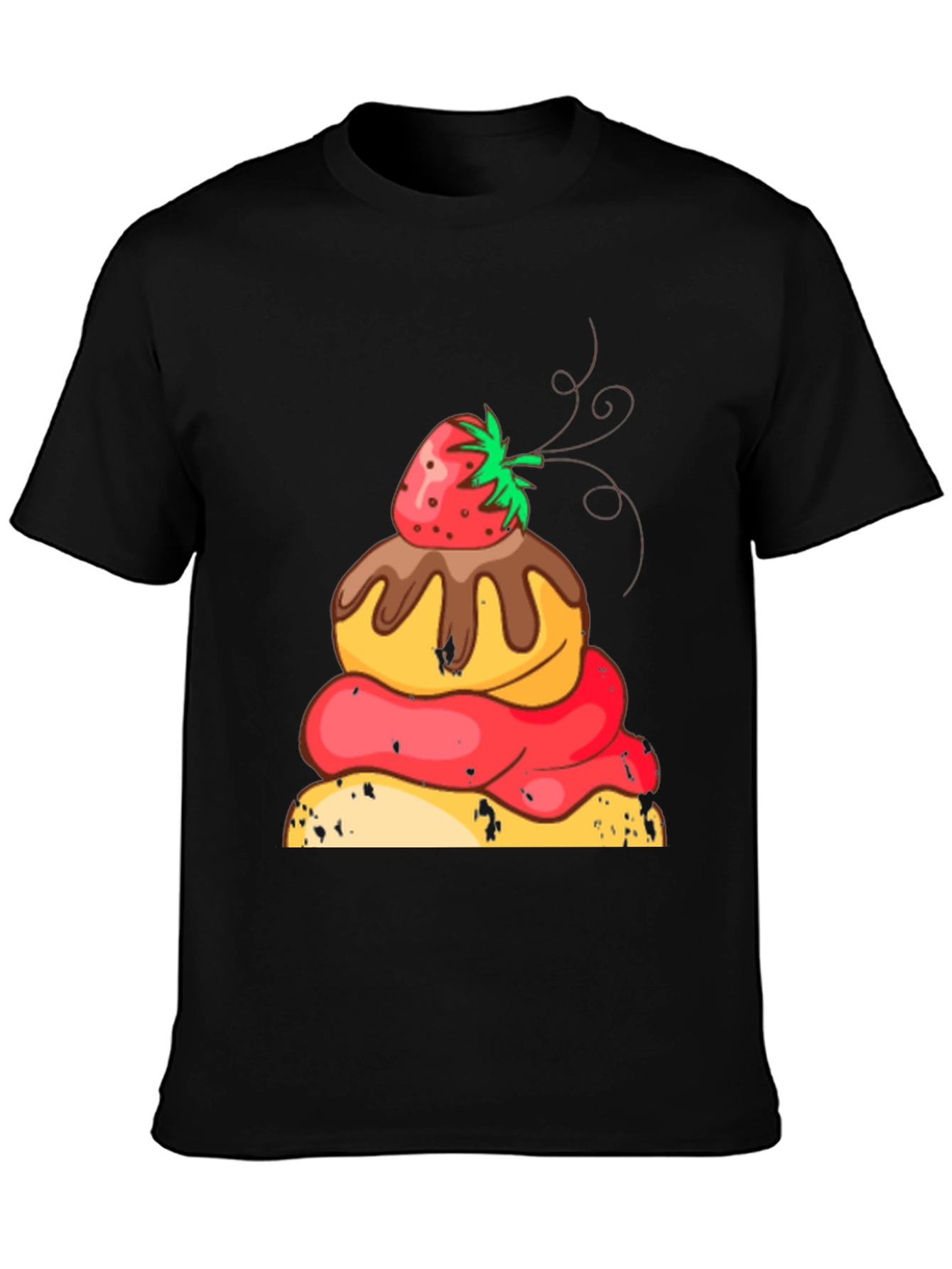 Strawberry Dessert Graphic Tee - Black Cotton Casual Shirt