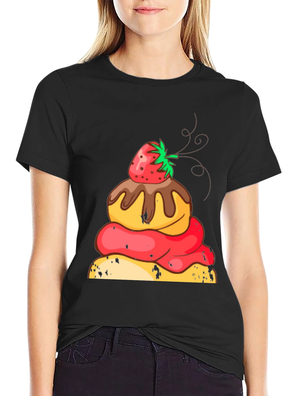 Strawberry Dessert Graphic Tee - Black Cotton Casual Shirt