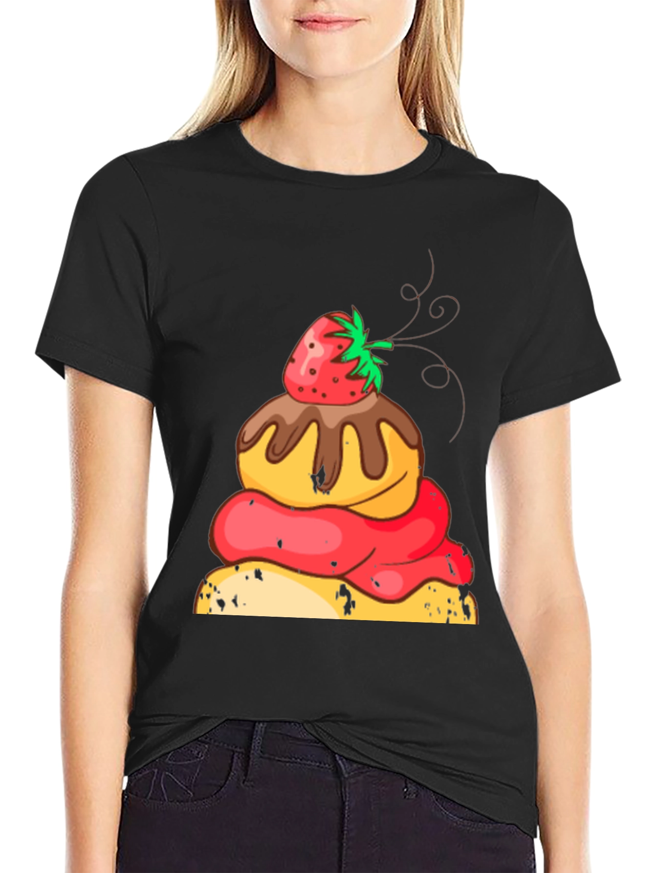 Strawberry Dessert Graphic Tee - Black Cotton Casual Shirt