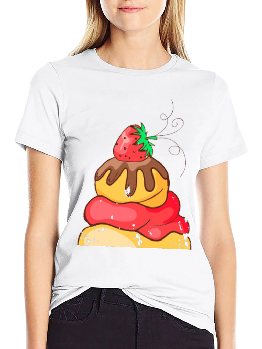 Strawberry Dessert Graphic Tee - Black Cotton Casual Shirt