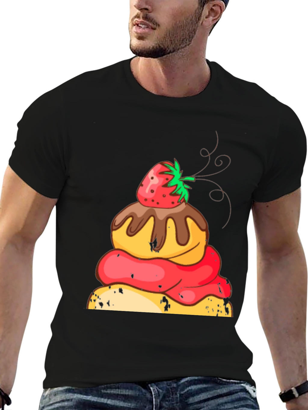 Strawberry Dessert Graphic Tee - Black Cotton Casual Shirt