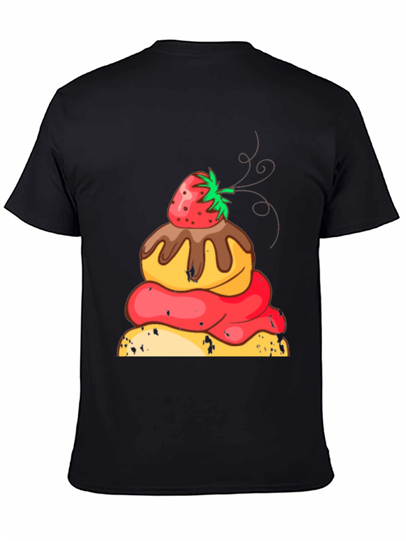 Strawberry Dessert Graphic Tee - Black Cotton Casual Shirt