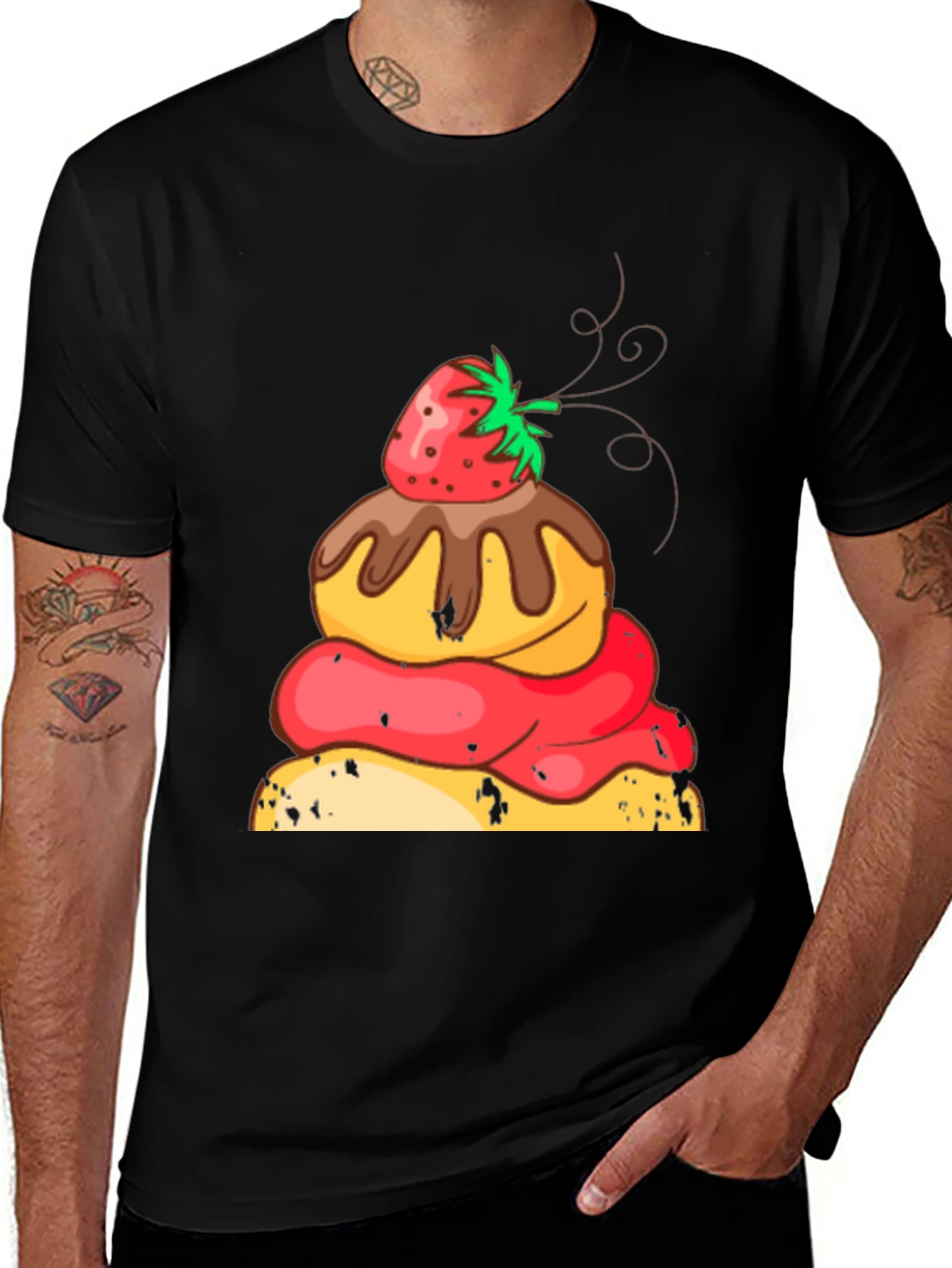 Strawberry Dessert Graphic Tee - Black Cotton Casual Shirt