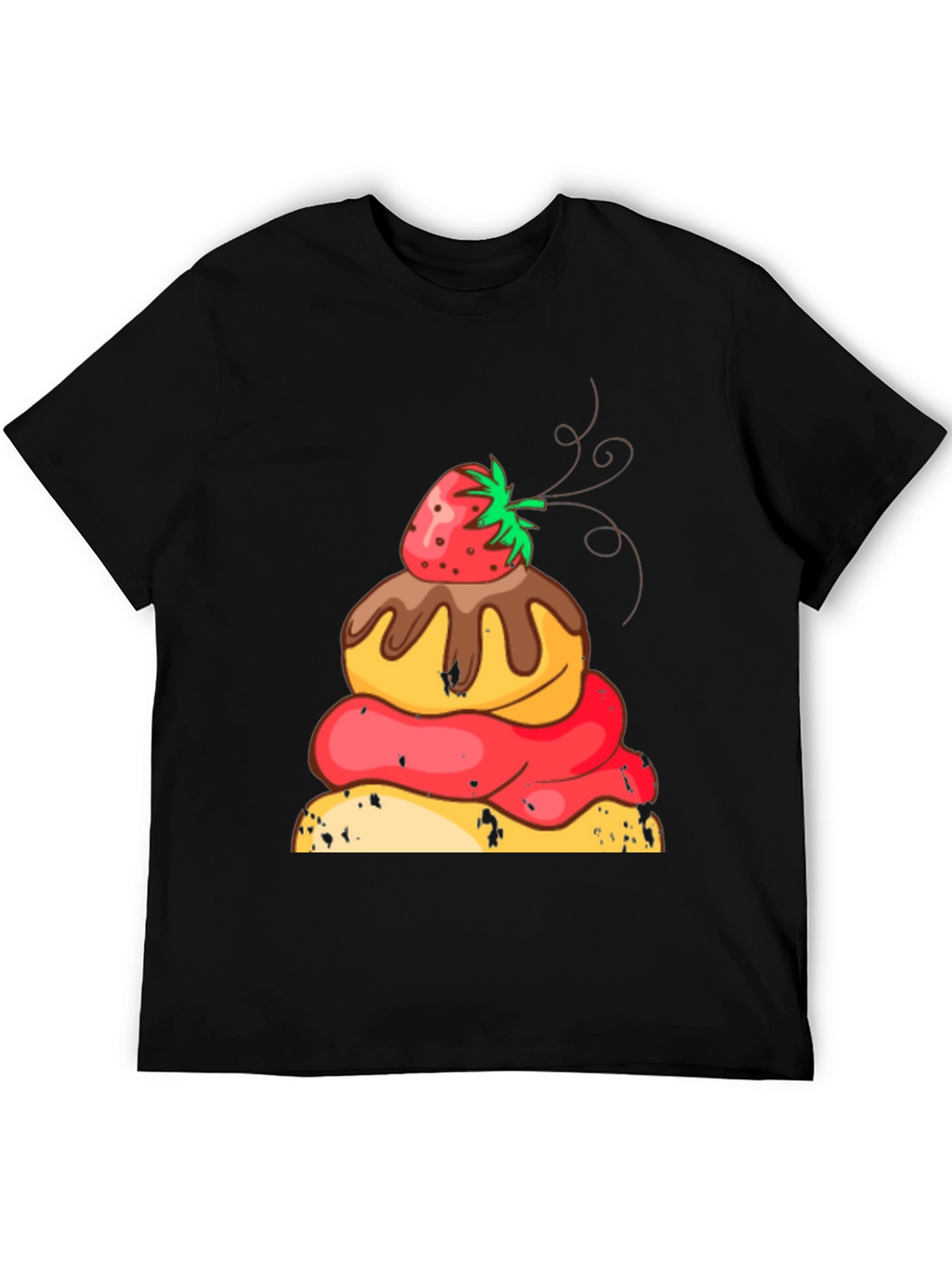 Strawberry Dessert Graphic Tee - Black Cotton Casual Shirt