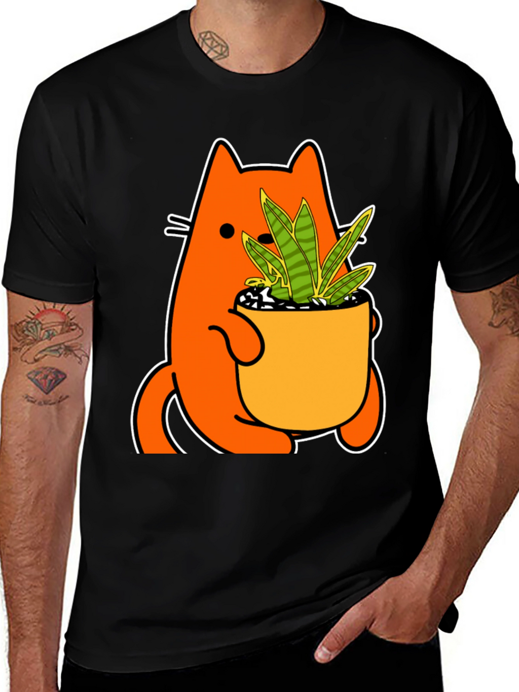 Cat Holding Potted Plant Graphic Tee