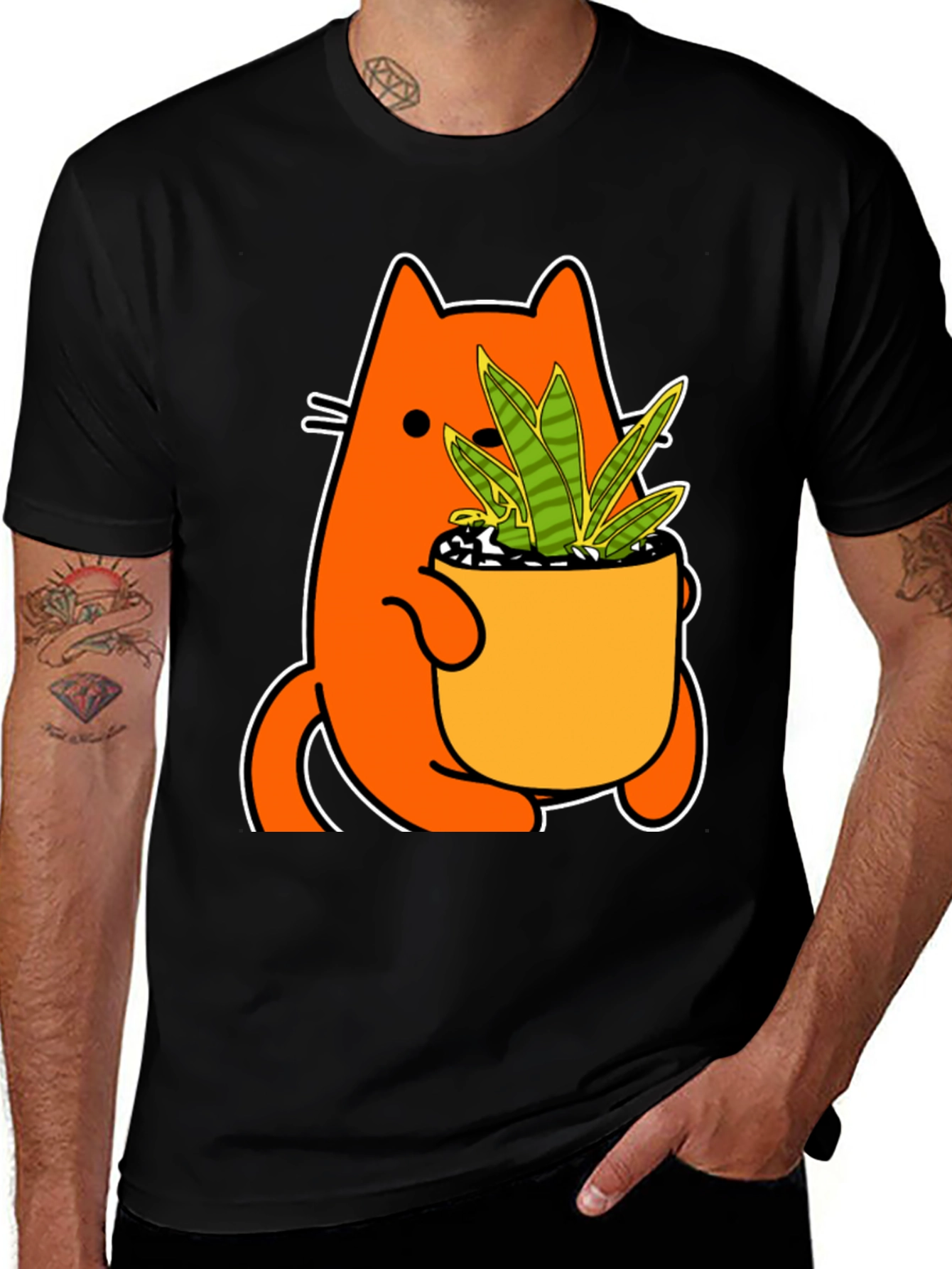 Cat Holding Potted Plant Graphic Tee