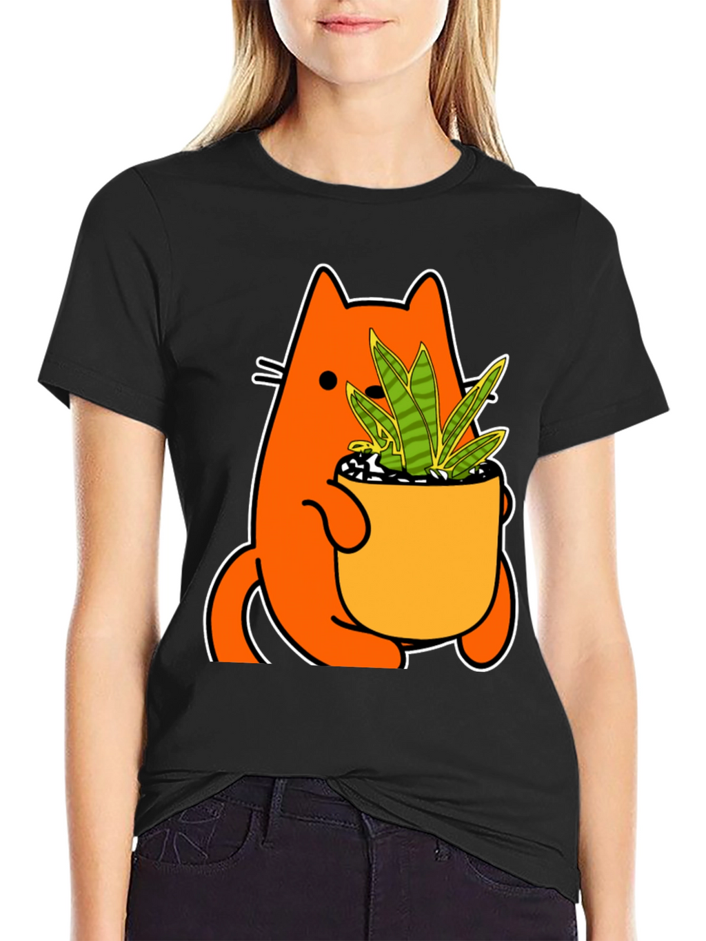 Cat Holding Potted Plant Graphic Tee