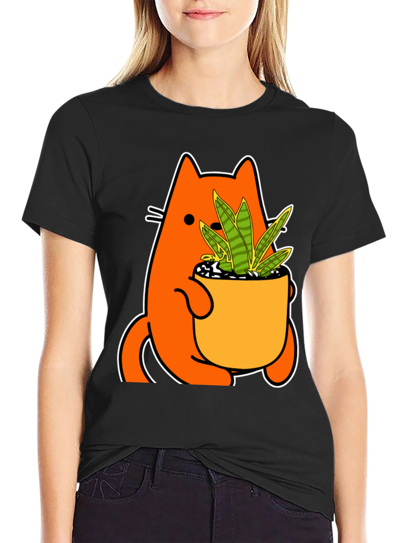 Cat Holding Potted Plant Graphic Tee