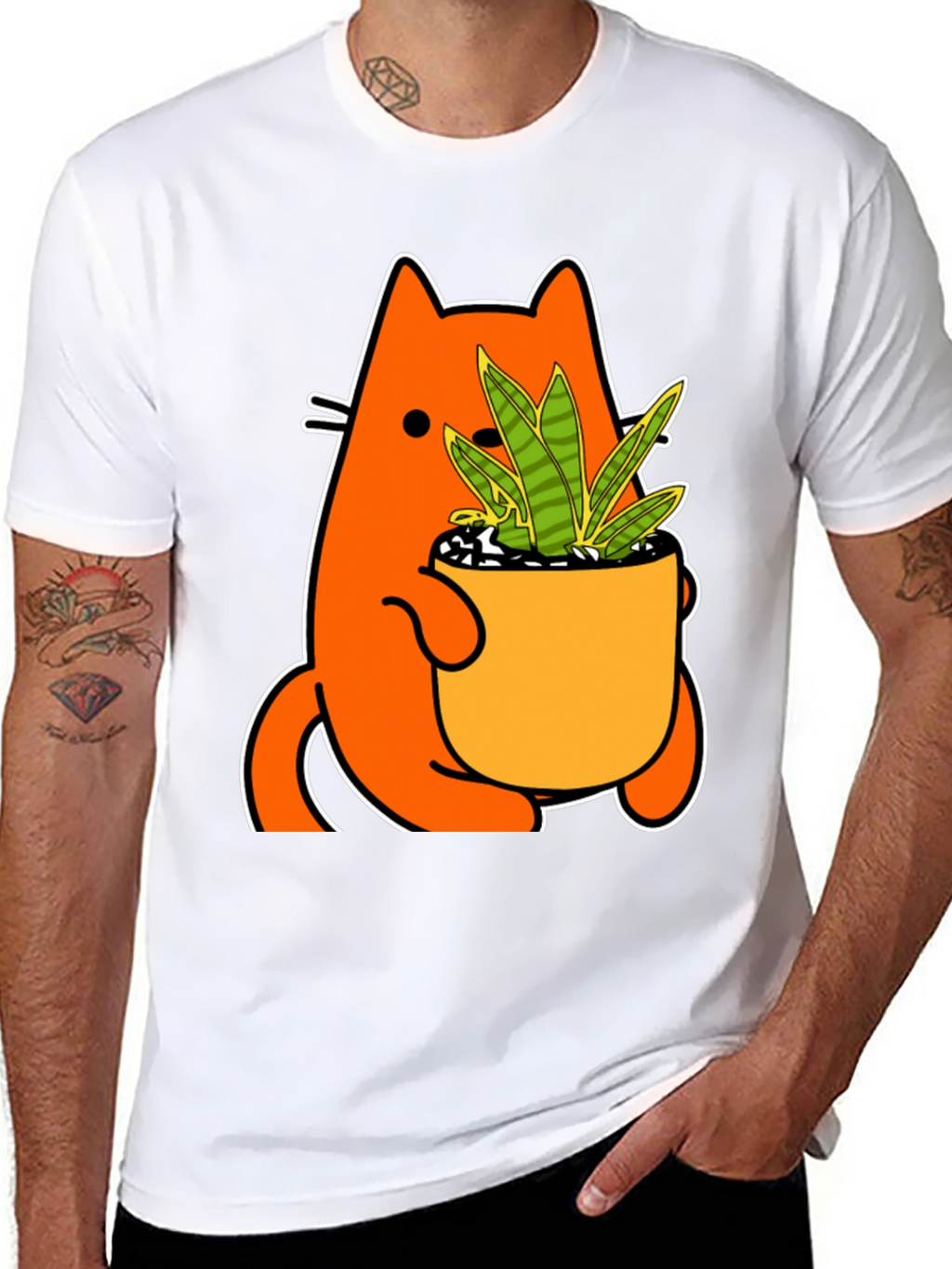 Cat Holding Potted Plant Graphic Tee