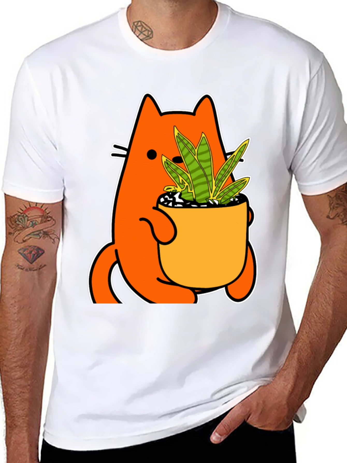 Cat Holding Potted Plant Graphic Tee