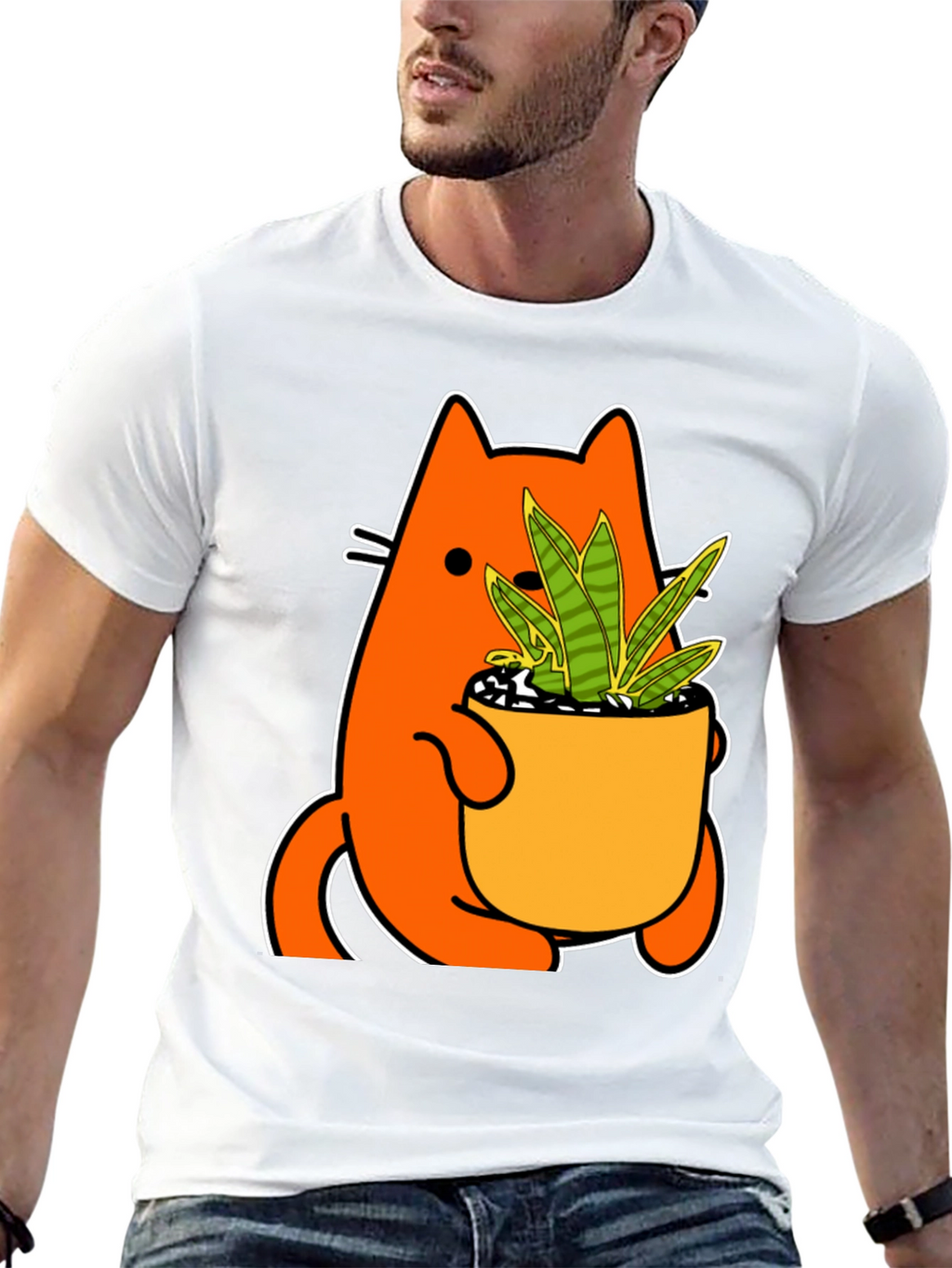Cat Holding Potted Plant Graphic Tee