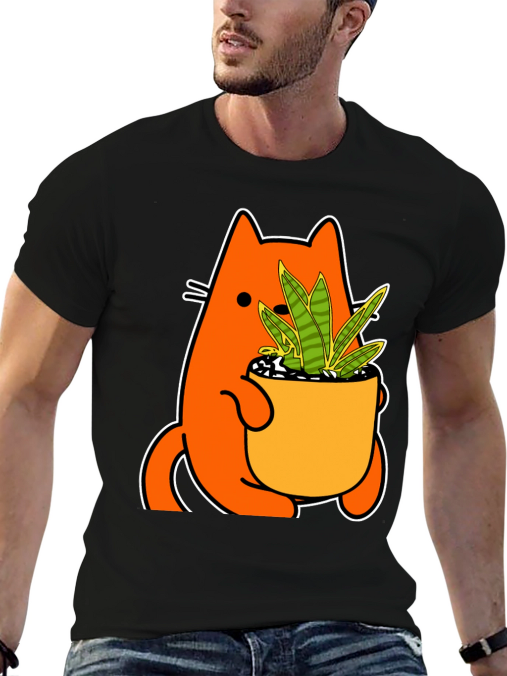 Cat Holding Potted Plant Graphic Tee