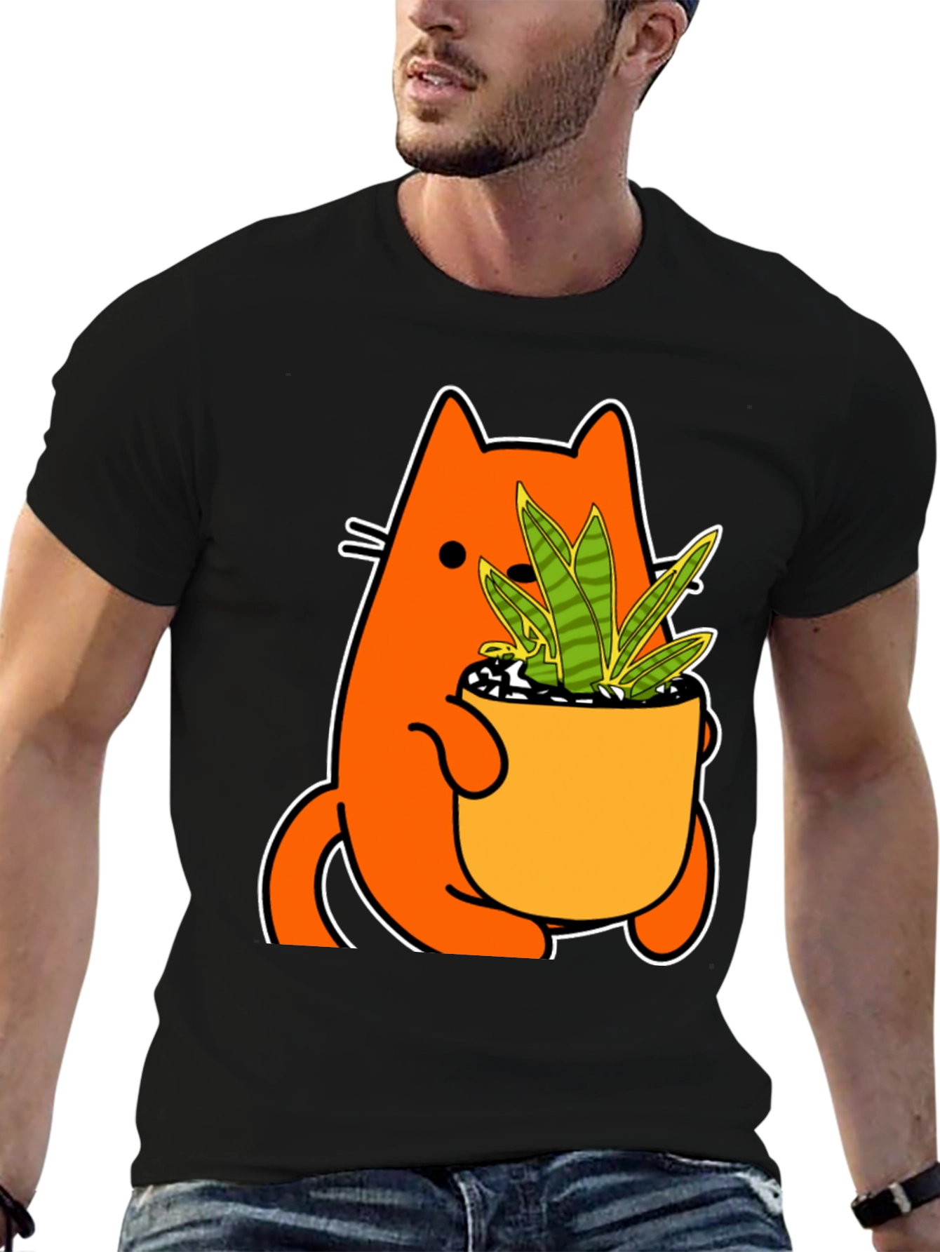Cat Holding Potted Plant Graphic Tee