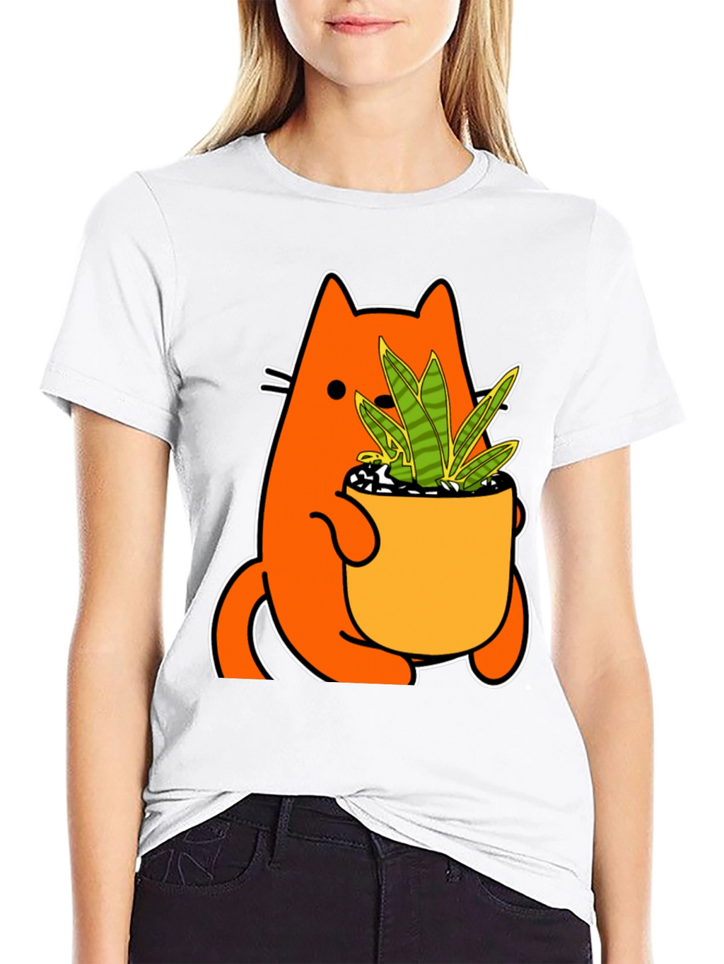 Cat Holding Potted Plant Graphic Tee