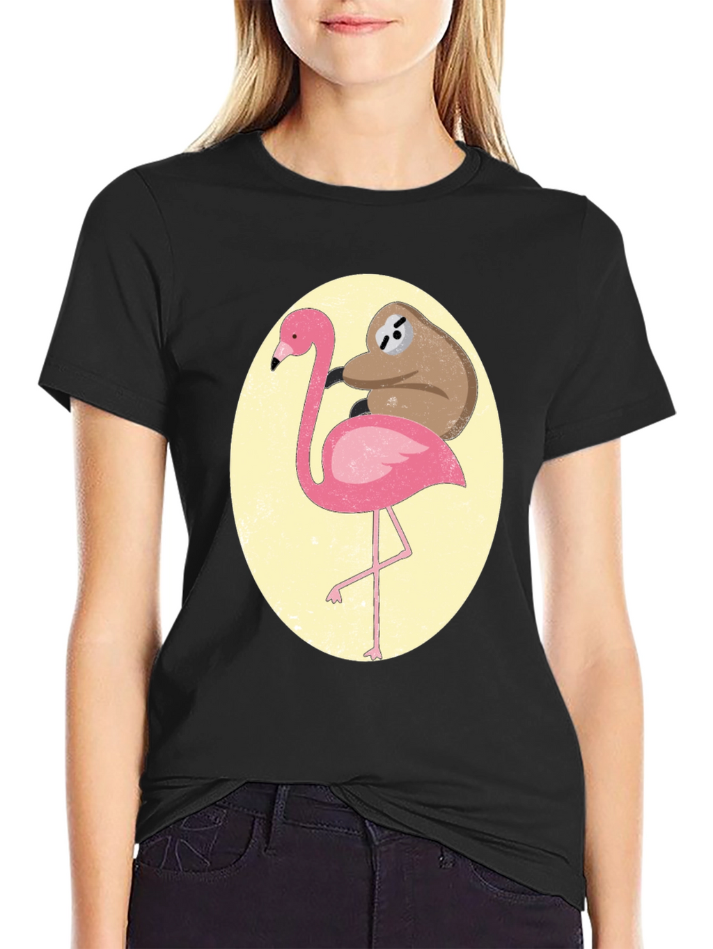 Sloth Riding Flamingo Graphic Tee - Black Cotton T-Shirt