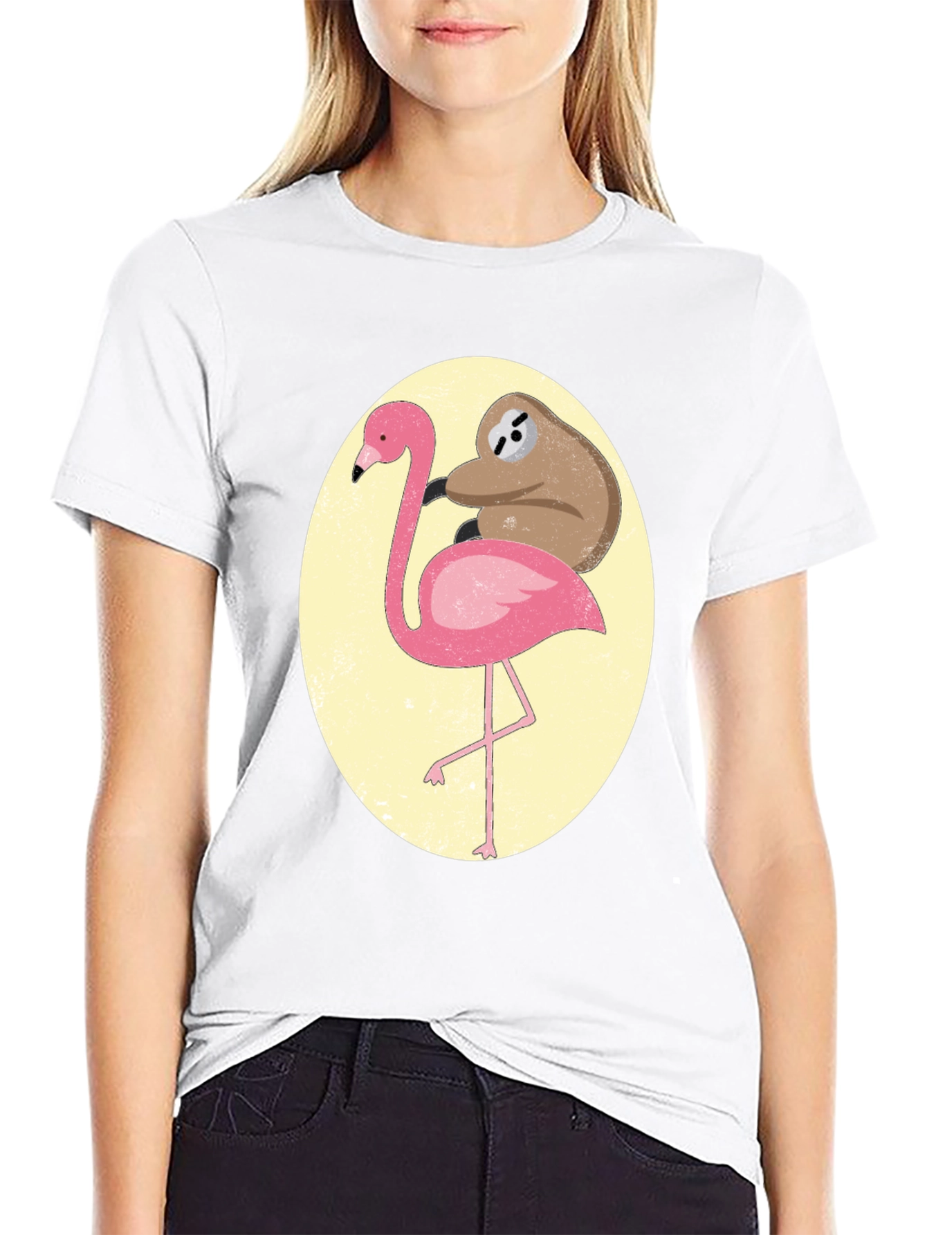 Sloth Riding Flamingo Graphic Tee - Black Cotton T-Shirt