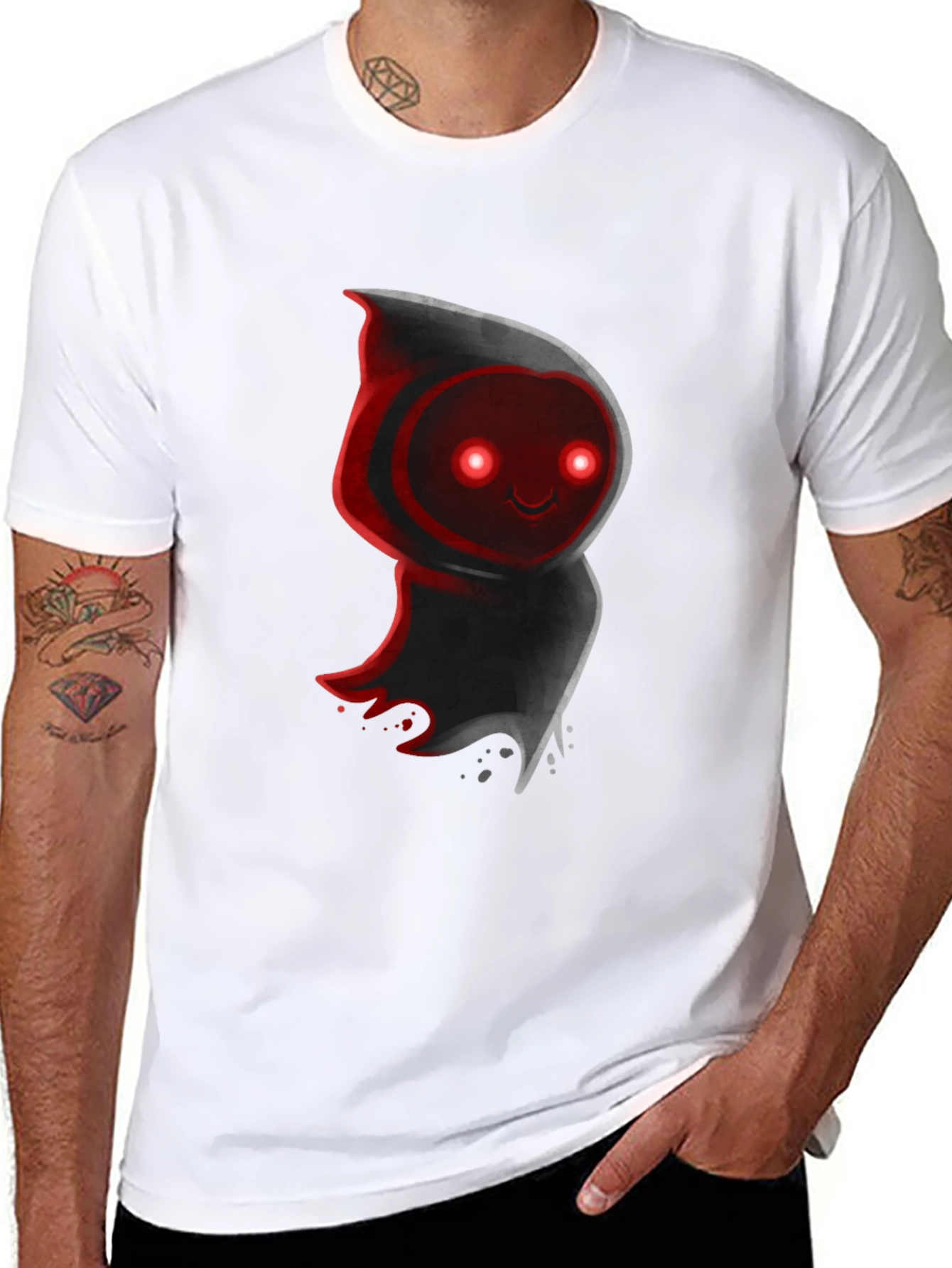 Cute Ghost Graphic Tee - Black Cotton Blend T-Shirt