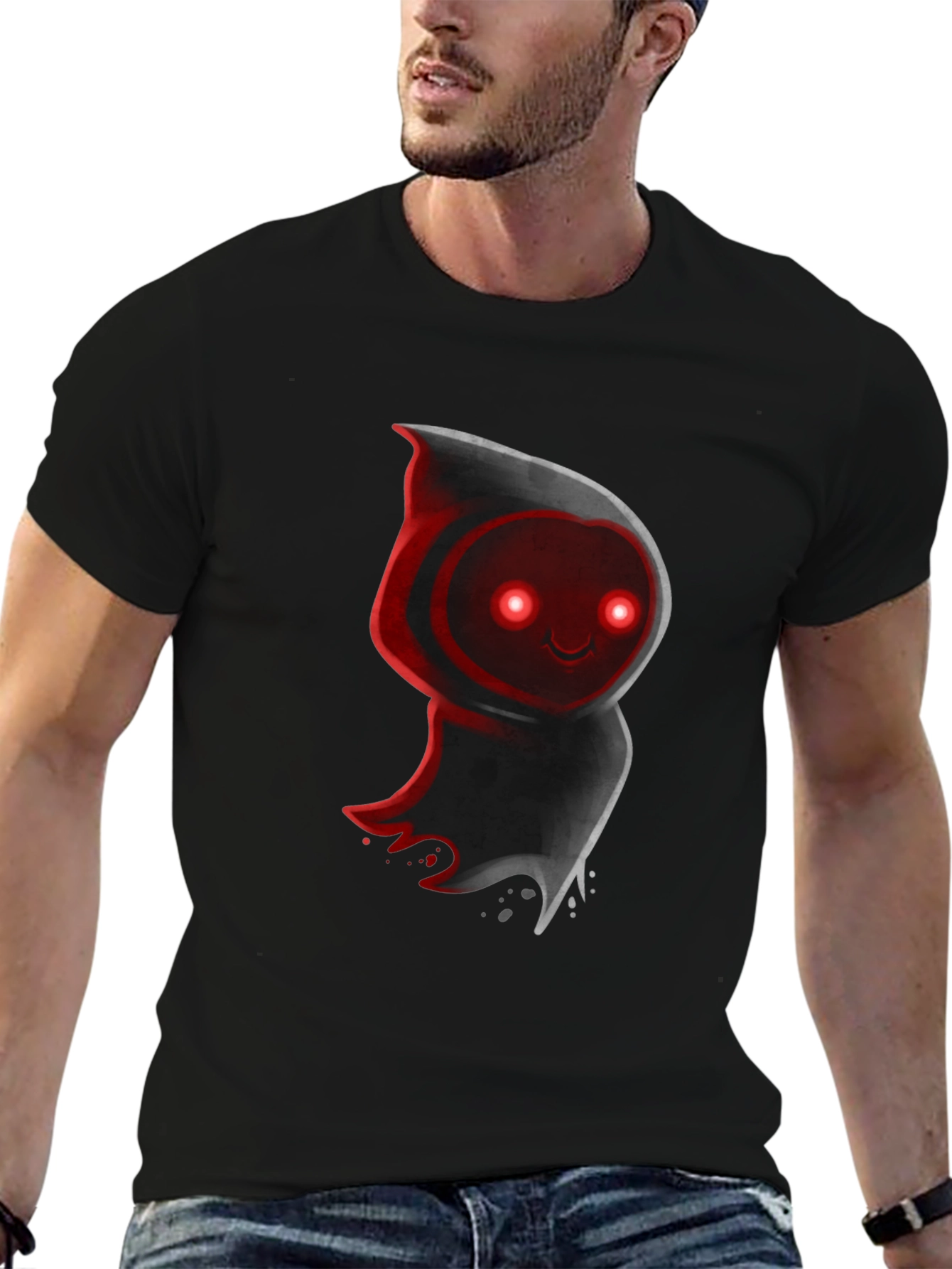 Cute Ghost Graphic Tee - Black Cotton Blend T-Shirt