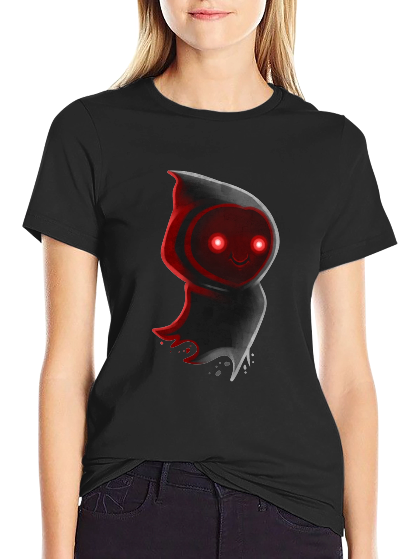 Cute Ghost Graphic Tee - Black Cotton Blend T-Shirt