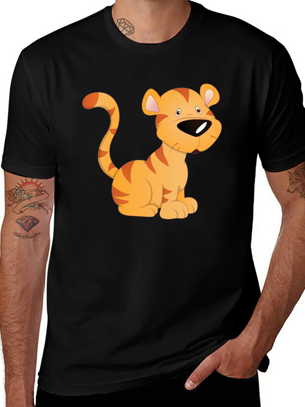 Cartoon Tiger Graphic T-Shirt - Black