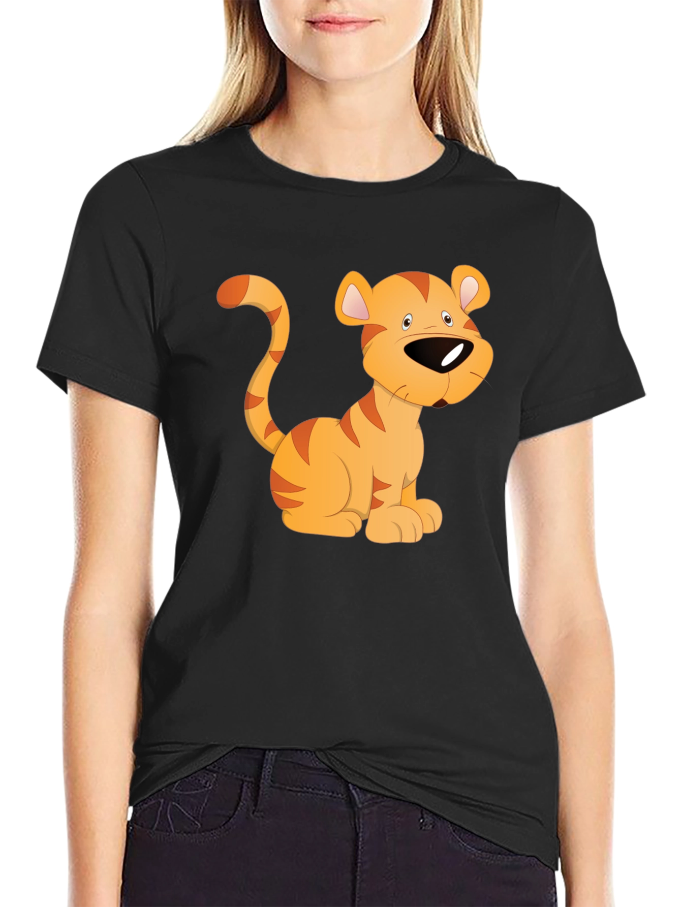 Cartoon Tiger Graphic T-Shirt - Black
