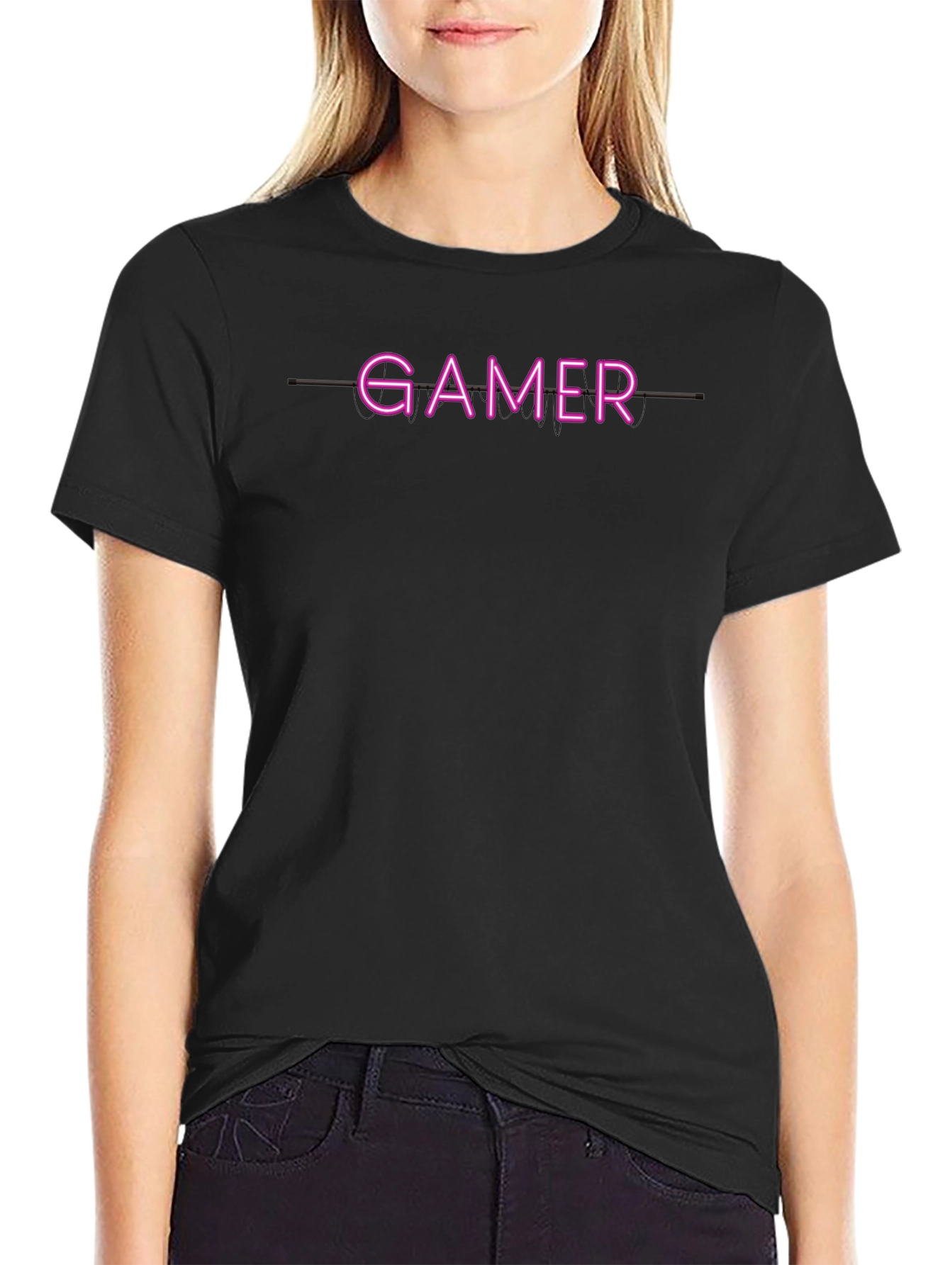 Gamer Neon Style Graphic Print Black T-Shirt