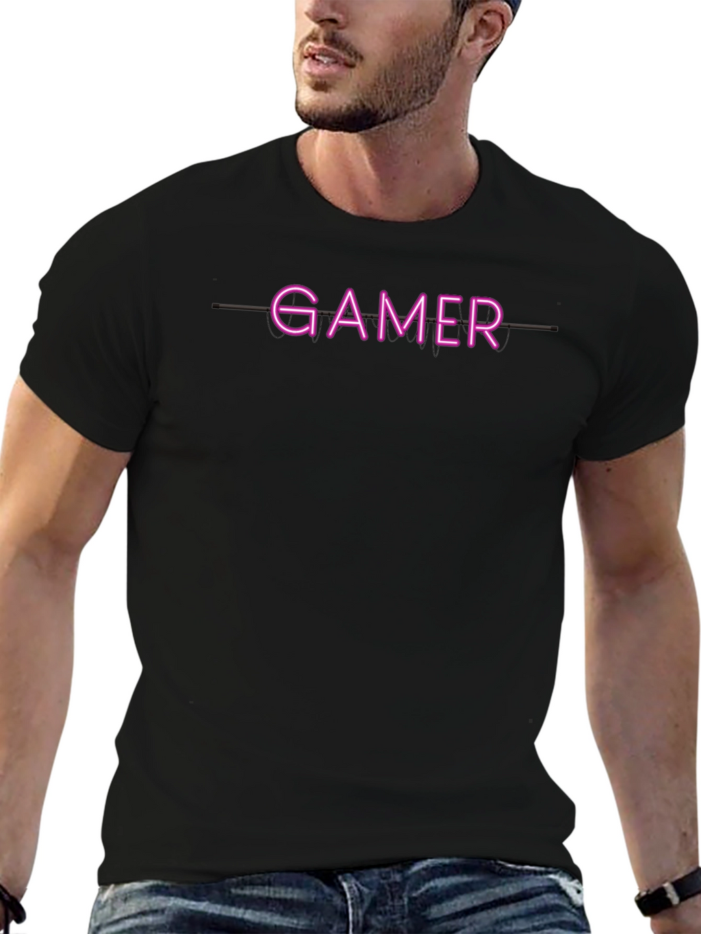 Gamer Neon Style Graphic Print Black T-Shirt