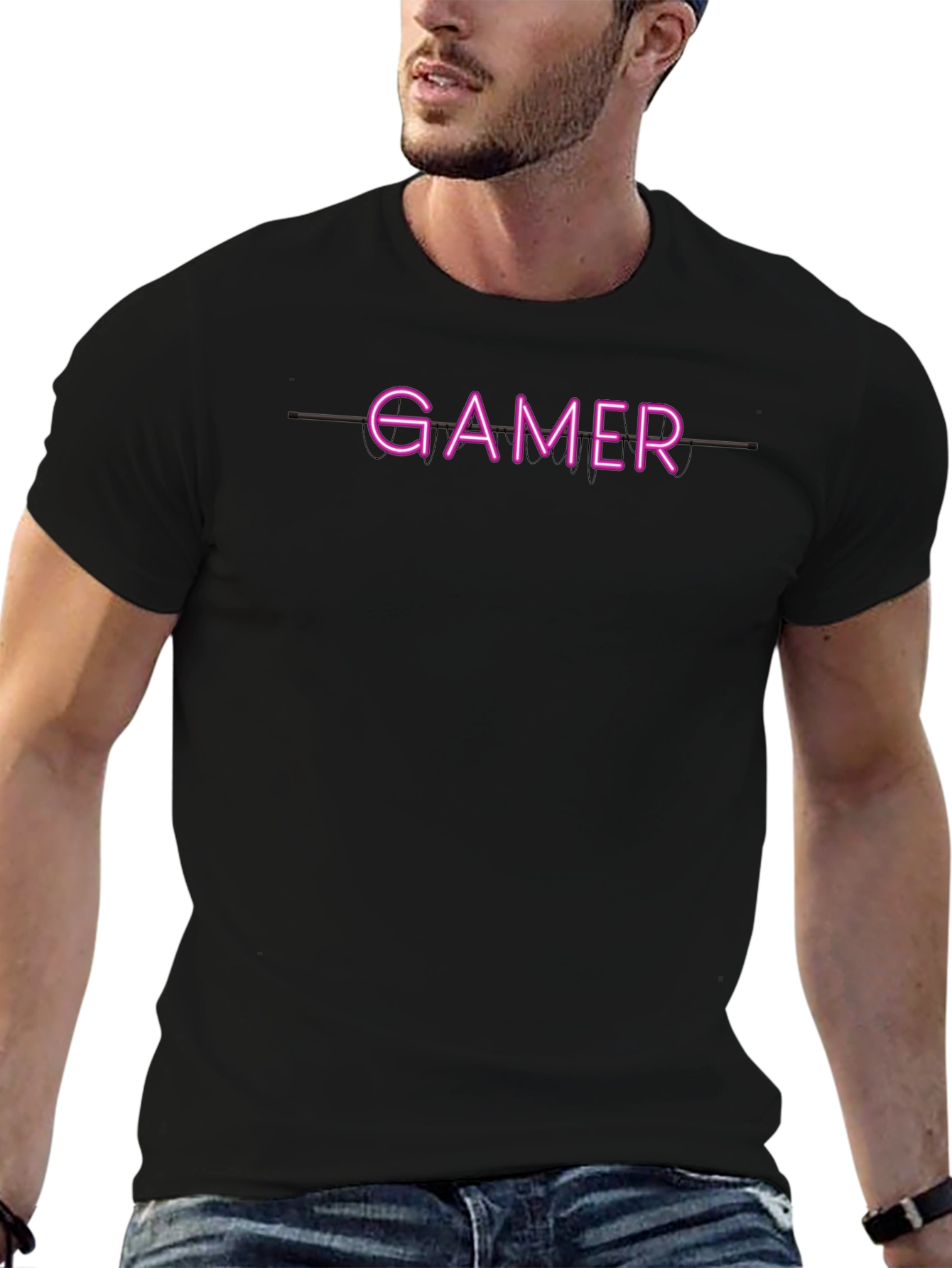 Gamer Neon Style Graphic Print Black T-Shirt
