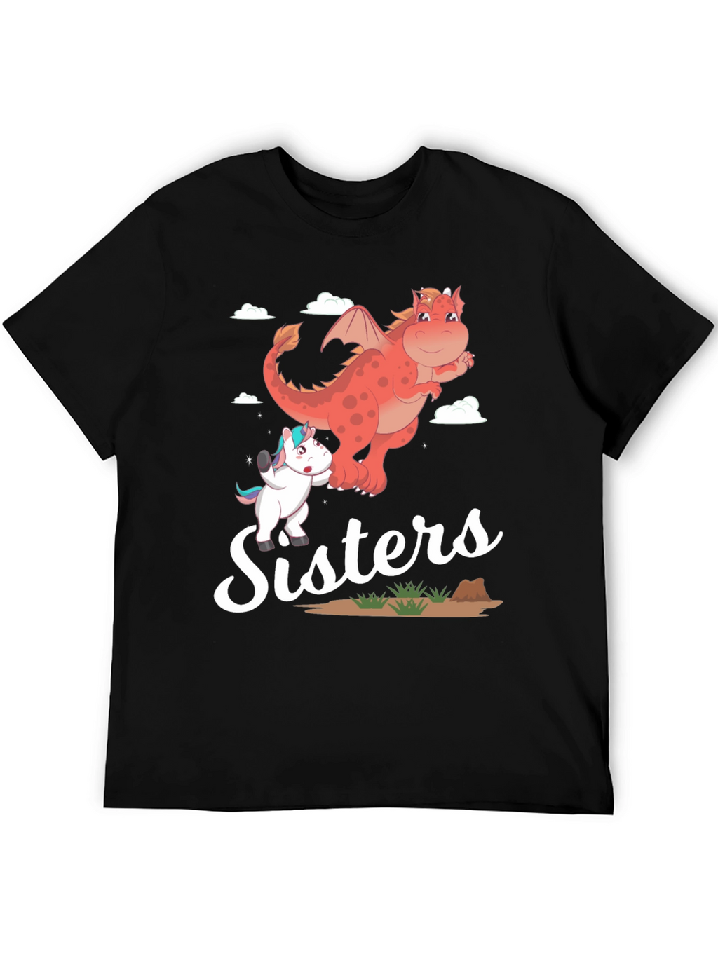 Sisters Unicorn and Dragon Cartoon T-Shirt